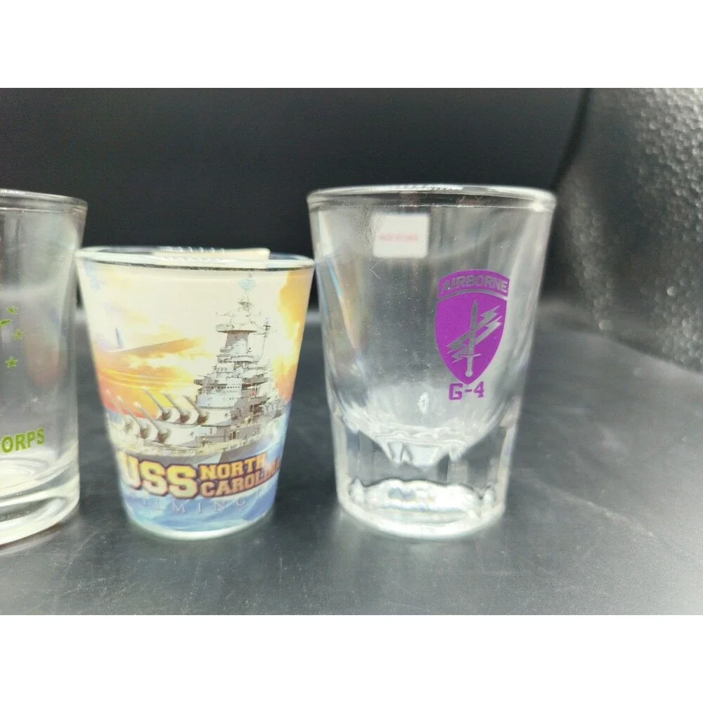 Lot of 5 Military Shot Glasses Navy USS Battleship Airborne Air Force Fort Drum